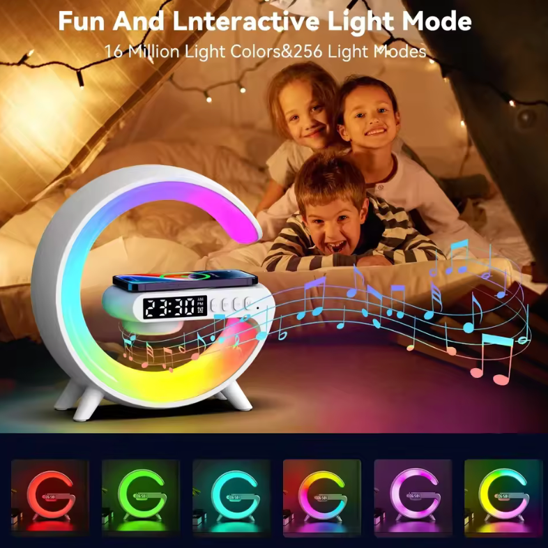 LED-Lampe mit Wecker, kabellosem Ladegerät und Bluetooth-Lautsprecher – Dein All-in-One-Gadget