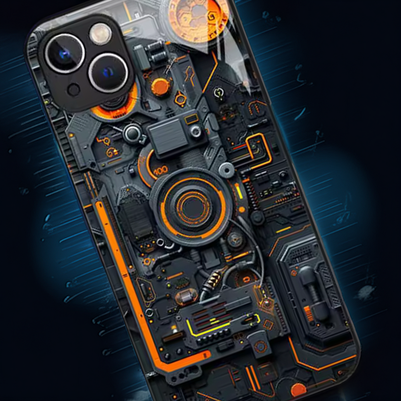 Futuristisches AI-Mainboard in Orange – Technik, die begeistert